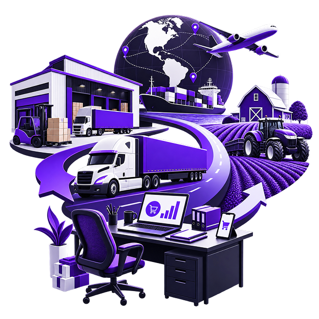 Illustration of a desk with a laptop showing store sales sitting below a haulage lorry, a distribution warehouse, a container ship, a cargo plane, a globe of delivery routes and a tractor working a field.