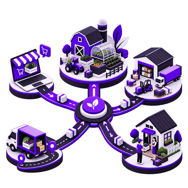 Illustration of a farm with a barn, greenhouse and crop crates at the top of a route network running out to an online shopfront on a laptop, a packing warehouse, a delivery van and a customer receiving a box at the door.