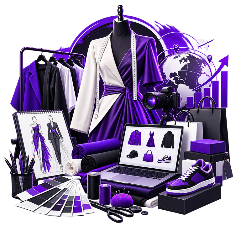 Illustration of a dressed mannequin and garment rail beside design sketches, fabric swatches, a colour fan, thread, scissors and pins, with a laptop showing a product grid, a camera, a globe, a rising bar chart and shopping bags.