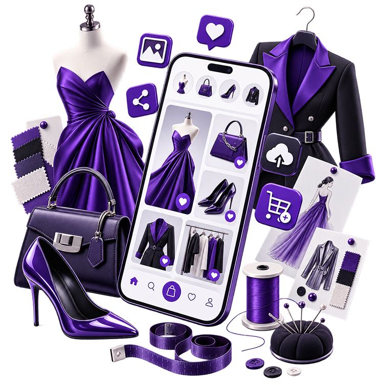 Illustration of a phone showing a fashion shop grid, flanked by a mannequin in an evening gown, a tailored coat on a hanger, a handbag, heels, fabric swatches, thread, pins and a tape measure.