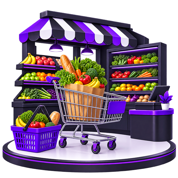 Illustration of a grocery shopfront on a plinth with stocked produce shelves, a checkout counter, a filled trolley, a shopping basket and a bag of fresh groceries.