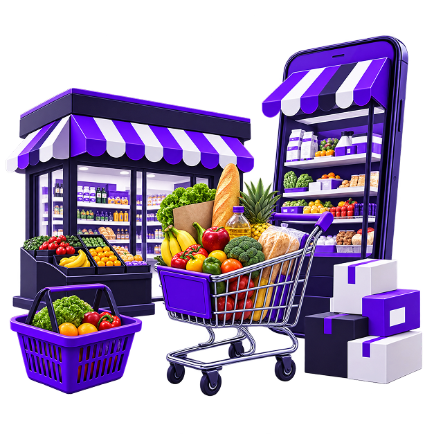 Illustration of a grocery shopfront beside a phone showing the same shelves as an online store, with a filled trolley, a shopping basket and stacked parcels between them.