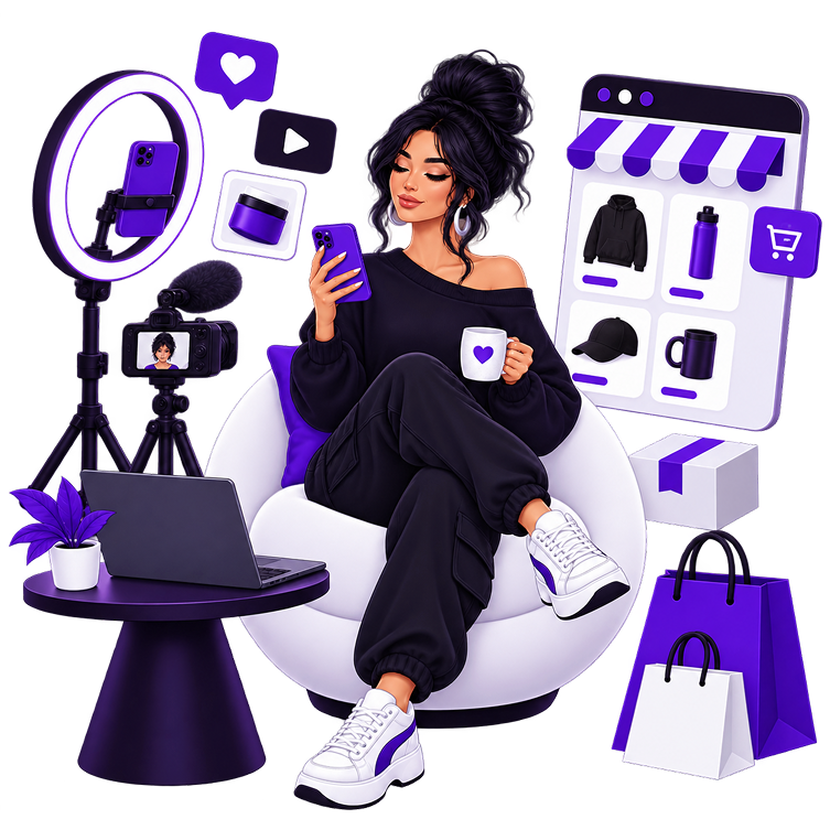 Illustration of a creator filming on a phone from a chair, with a ring light, camera on a tripod, laptop, a mobile shop grid of hoodies, bottles, caps and mugs, packing boxes and shopping bags.
