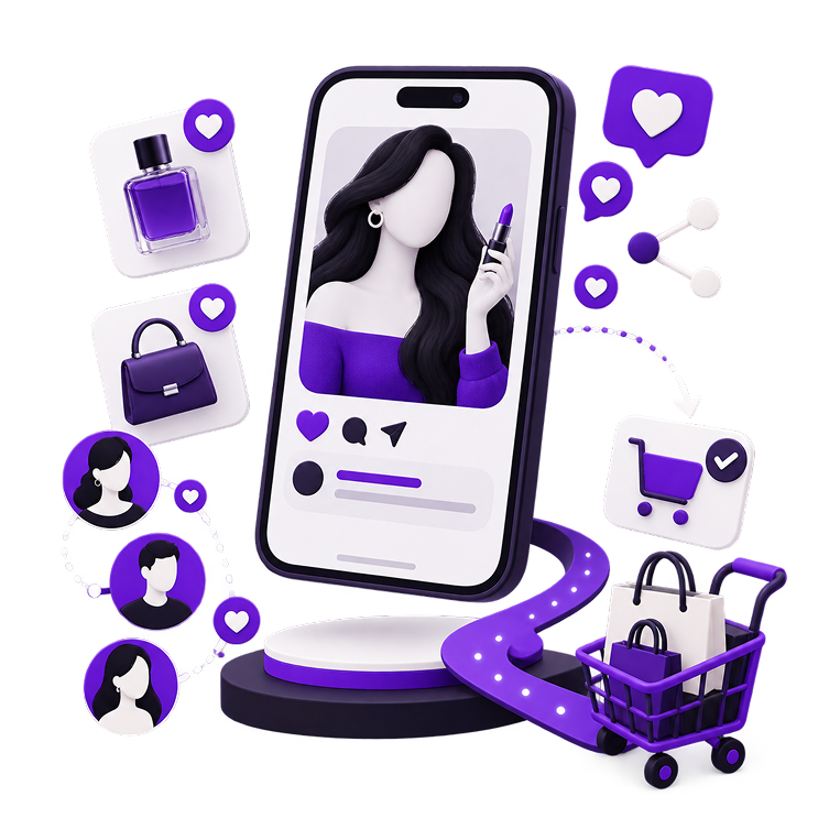 Illustration of a phone showing a creator’s post on a plinth, with product tiles for perfume and a handbag, follower avatars, like and share icons and a trolley of shopping bags.