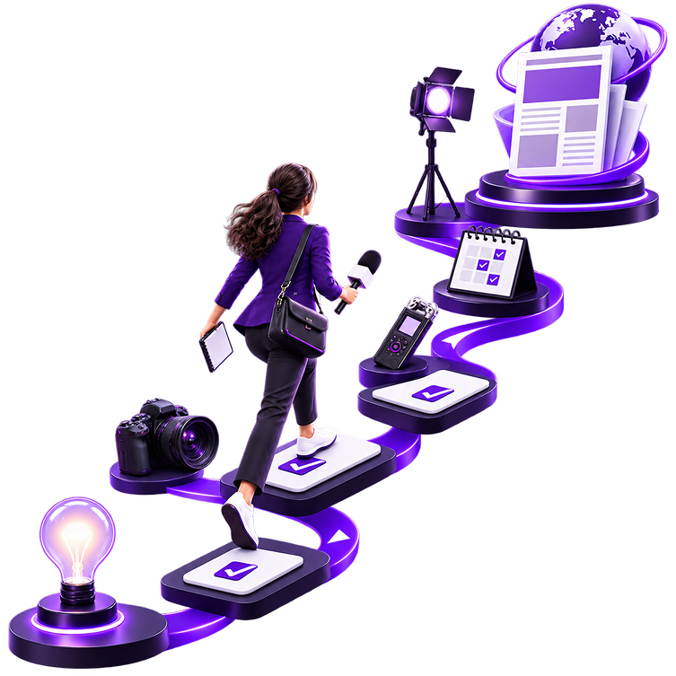Illustration of a reporter with a microphone and tablet climbing a winding path of checklist steps from an idea lightbulb past a camera, an audio recorder and a calendar to a newspaper and globe.