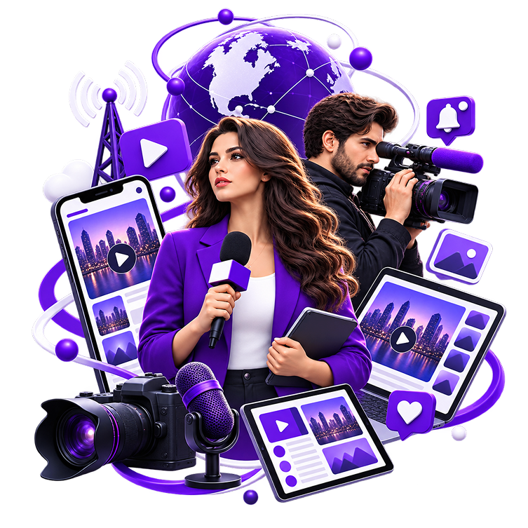 Illustration of two reporters, one with a microphone and one operating a video camera, in front of a connected globe and broadcast mast, surrounded by a phone, tablet and laptop showing published stories.