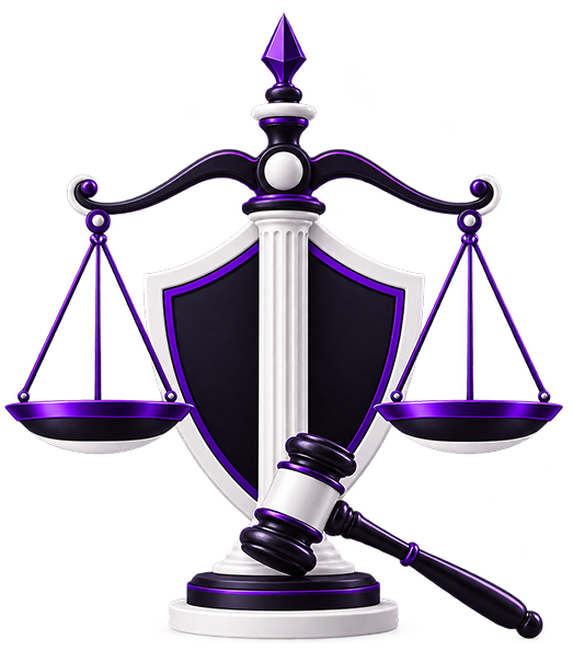 Illustration of scales of justice in front of a shield, with a gavel resting at the base.
