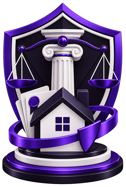 Illustration of a shield holding scales of justice and a column, with case files and a house wrapped by a ribbon in front.