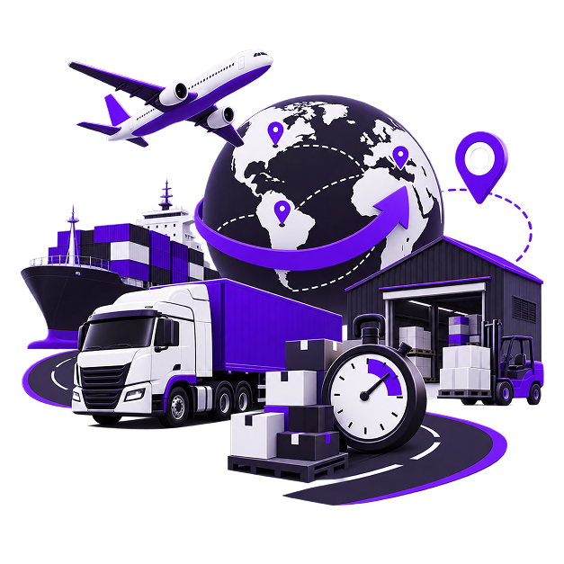 Illustration of a globe of delivery routes with a cargo plane, a container ship, an articulated lorry, a distribution warehouse with a forklift, stacked pallets and a stopwatch.