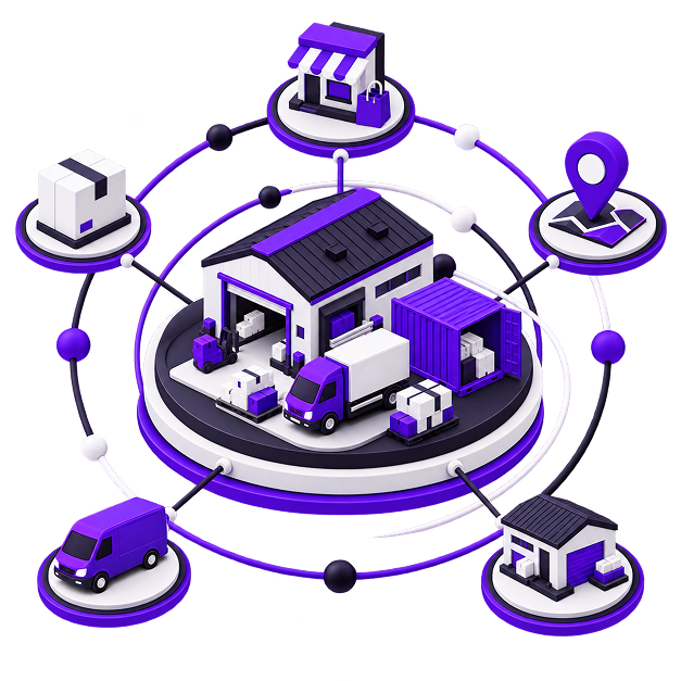 Illustration of a warehouse on a plinth with a delivery truck and shipping container, ringed by orbiting icons for a shopfront, a parcel, a map location, a delivery van and a depot.