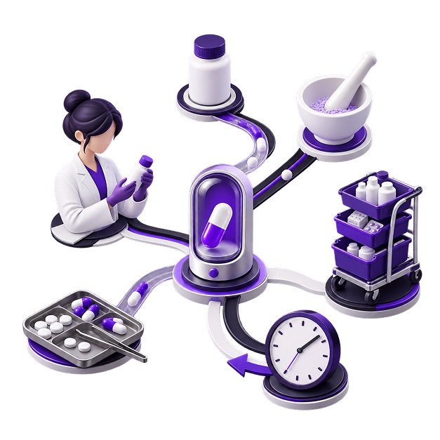 Illustration of a pharmacist in a lab coat checking a medicine bottle, linked by a winding path to a capsule dispenser, a mortar and pestle, a stock trolley, a dispensing tray and a clock.