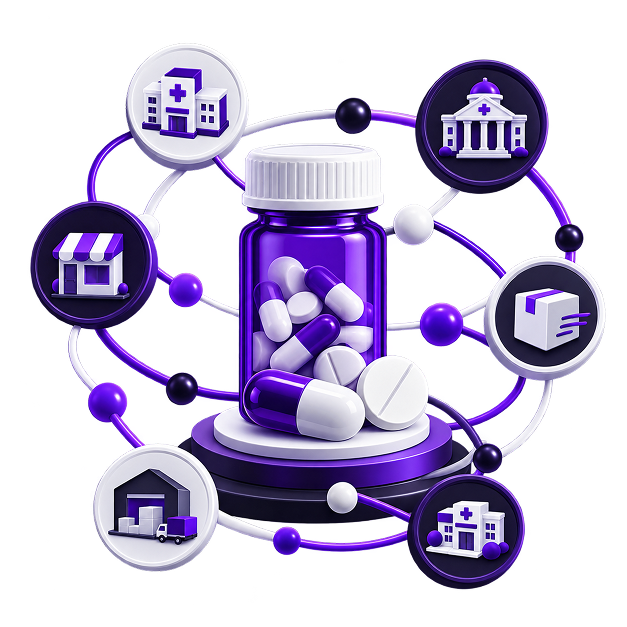Illustration of a pill bottle on a plinth, ringed by orbiting icons for a hospital, a clinic, a pharmacy shopfront, a warehouse with a delivery van and a parcel.
