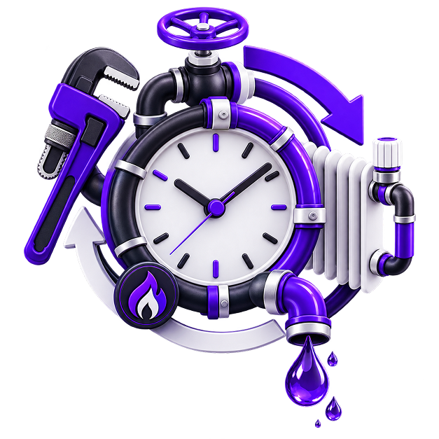 Illustration of a clock built from pipework, with a pipe wrench, a gas flame badge, a radiator, a valve wheel and dripping water around it.
