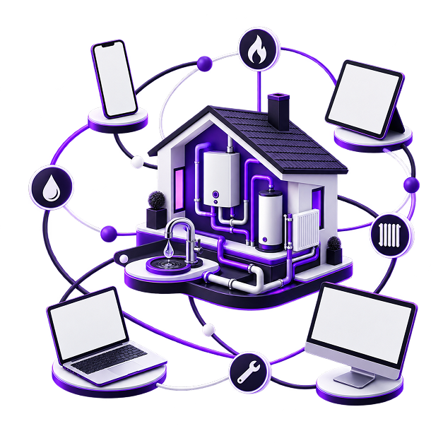 Illustration of a cutaway house showing its boiler, hot water cylinder, radiator and pipework, ringed by a phone, tablet, laptop and monitor and icons for water, heating and tools.