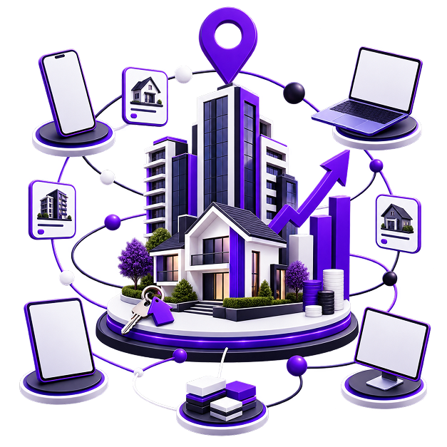 Illustration of an apartment block and house on a plinth with a rising bar chart, coin stacks, keys and a location pin, ringed by a phone, tablet, laptop, monitor and property listing cards.