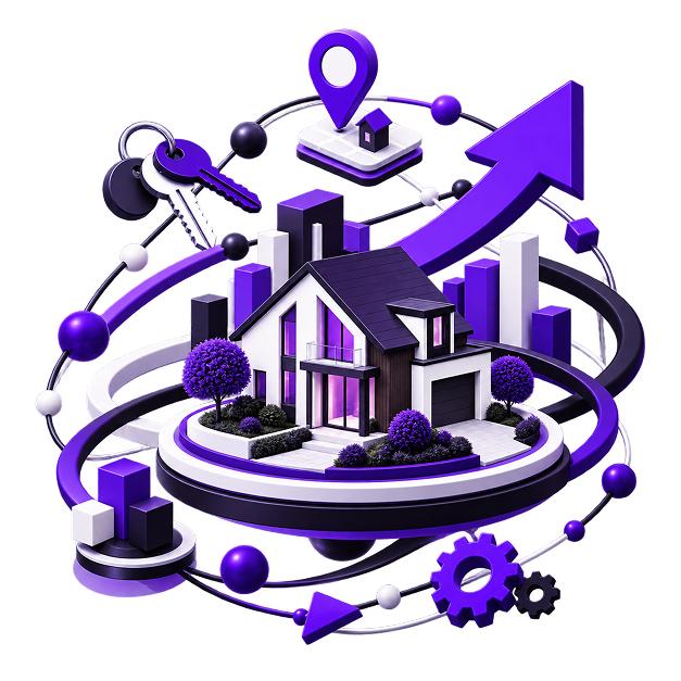 Illustration of a house on a plinth encircled by orbit rings, with keys, a location pin, rising bar charts, a growth arrow and gears around it.