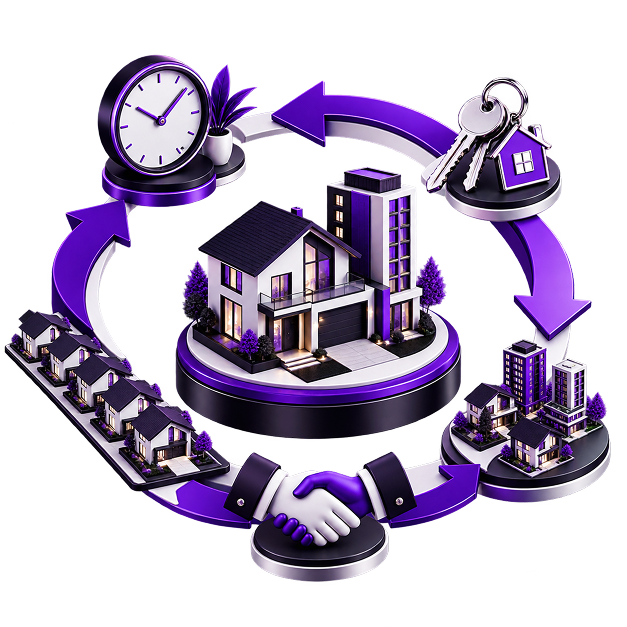 Illustration of a house and apartment block on a plinth at the centre of a ring of arrows running through a clock, a set of keys, a street of homes and a handshake.