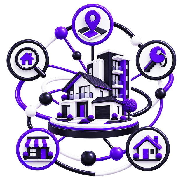 Illustration of a house and apartment block on a plinth, ringed by orbiting icons for a property search, a location pin, keys, a shopfront and a listed home.