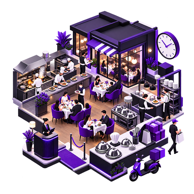 Illustration of a cutaway restaurant showing the kitchen, dining room, pass and host stand in service, with a clock, a stack of takeaway boxes and a delivery scooter at the door.