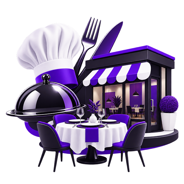 Illustration of a laid restaurant table under a cloche, chef hat, fork and knife, set against the restaurant shopfront.