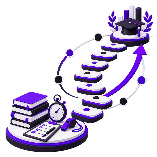 Illustration of stacked books, a stopwatch, a clipboard and a whistle on a plinth, with stepping stones rising to a graduation cap, laurels and a bar chart.