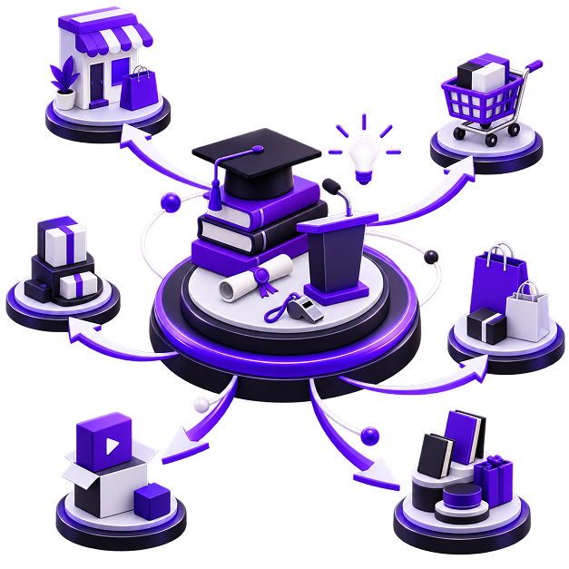 Illustration of a graduation cap, books, a diploma, a lectern and a whistle on a plinth, with arrows branching out to a shopfront, a shopping trolley, shopping bags, parcels and packaged products.
