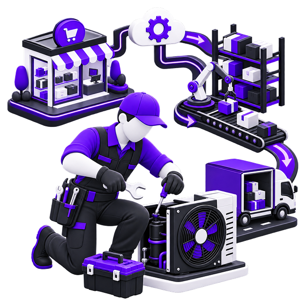 Illustration of a technician in workwear servicing an air conditioning unit, with an online storefront, a cloud settings icon, a robotic arm on a conveyor, stocked shelving and a delivery van around them.