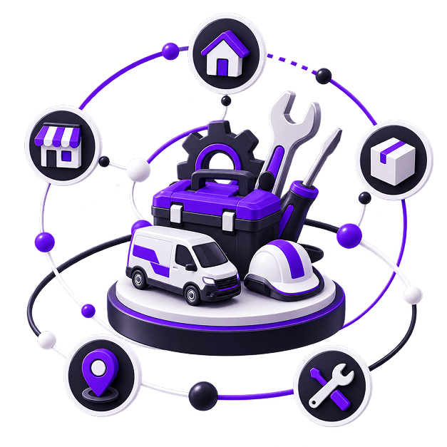 Illustration of a tool case, wrench, screwdriver, gear, service van and hard hat on a plinth, ringed by orbiting icons for a home, a shopfront, a parcel, a location pin and tools.