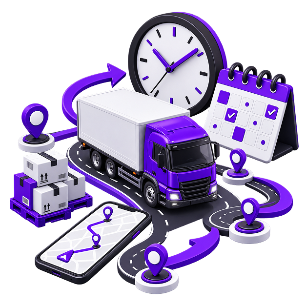 Illustration of a lorry on a road ringed by arrows, with a clock, a calendar, a pallet of boxes, route location pins and a phone showing a mapped delivery route.