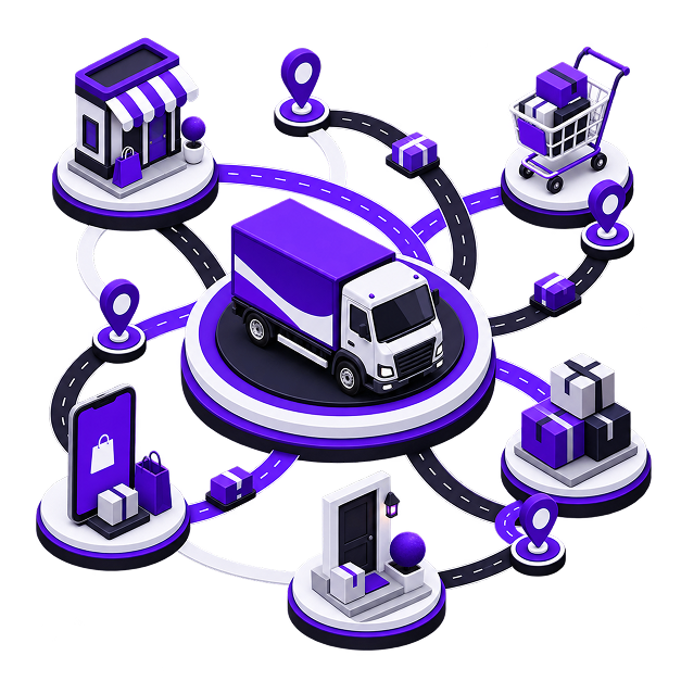 Illustration of a delivery truck on a plinth with roads running out to a shopfront, a loaded trolley, stacked parcels, a residential door and a phone showing an online order.