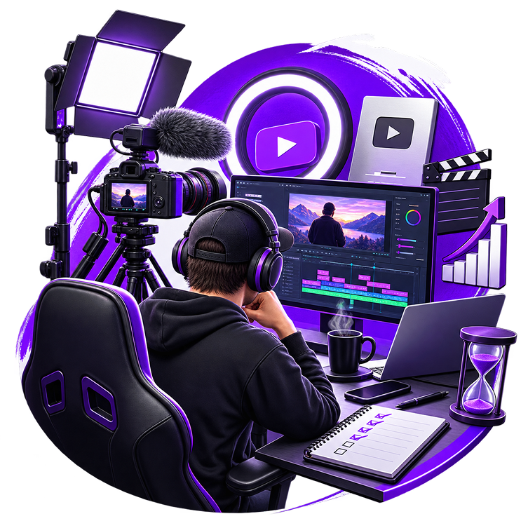 Illustration of a creator in headphones editing video at a monitor, with a camera on a tripod, a boom microphone, a studio light, a play button plaque, a clapperboard, an hourglass, a notepad and a rising bar chart.