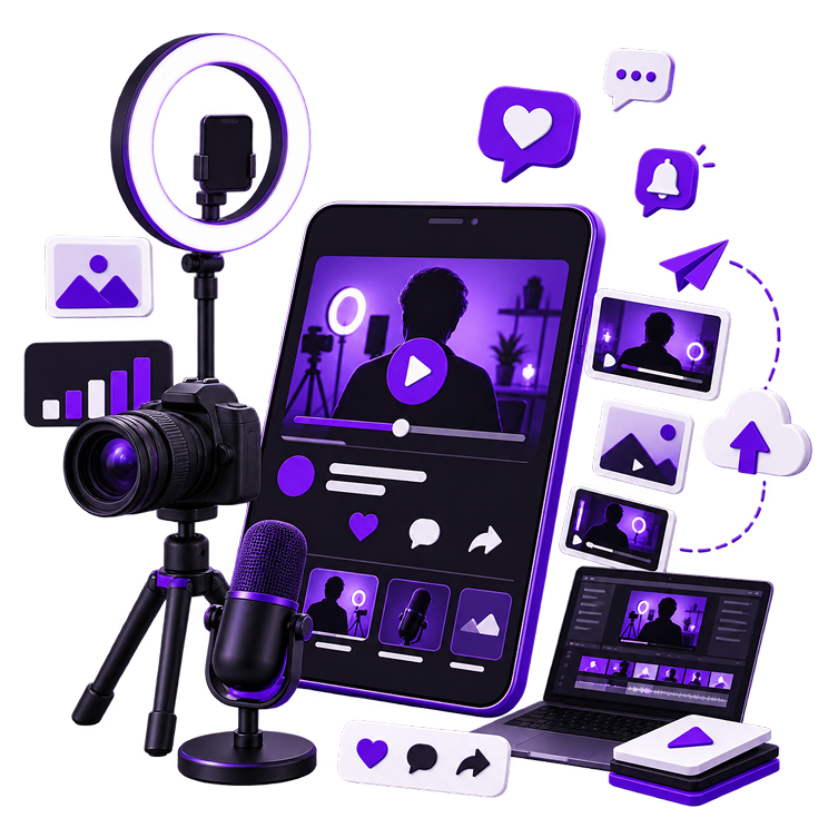 Illustration of a tablet playing a video on a plinth, surrounded by a ring light, a camera on a tripod, a studio microphone, a laptop editing timeline, thumbnail cards and like, comment, share and upload icons.