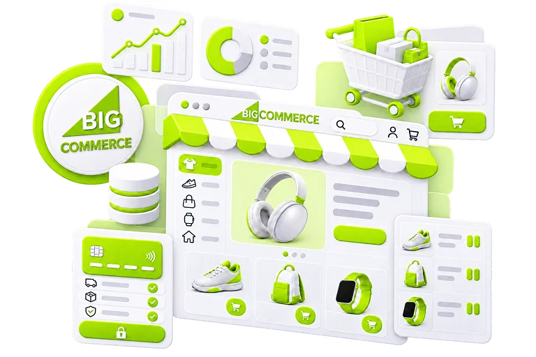 An illustrated storefront scene: a browser window showing a product grid under a striped awning with a headphones panel, the BigCommerce logo on a badge, analytics cards, a payment card and a loaded trolley around it.