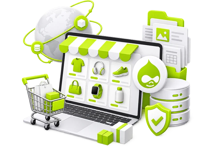An illustrated ecommerce scene: a laptop showing a product grid under a striped awning, the Drupal droplet on a badge, a globe in orbit, stacked content folders, a database stack and a shield.