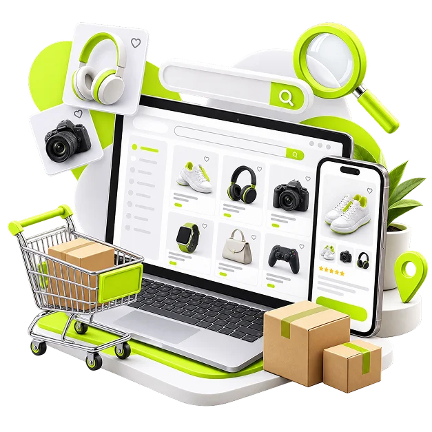An illustrated marketplace scene: a laptop showing a search results grid of products with a search bar above it, a magnifier, a phone showing a listing, and a trolley of cardboard parcels.