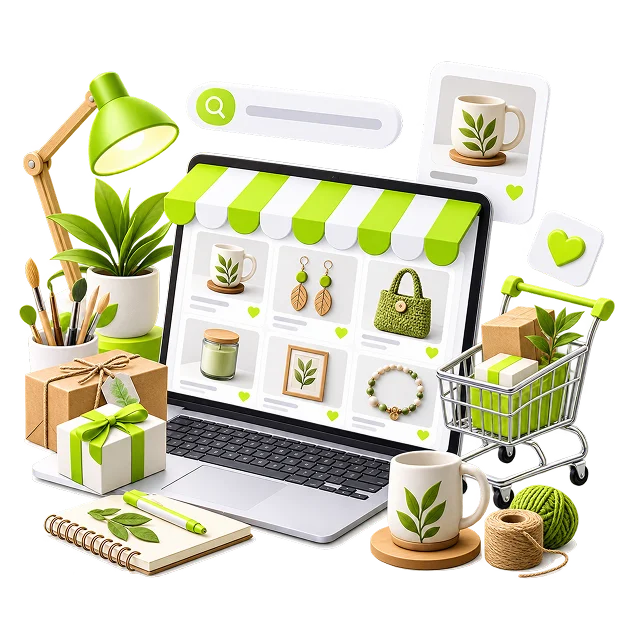 An illustrated handmade-goods scene: a laptop showing a shop of mugs, earrings, candles and a crocheted bag under a striped awning, with a desk lamp, plants, craft brushes, wrapped gift boxes and a ball of twine around it.