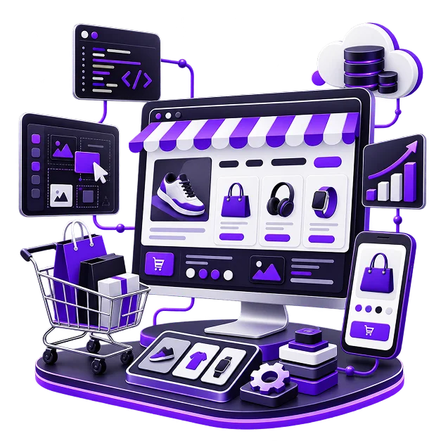 Illustration of a BigCommerce build: a desktop storefront of trainers, bags and accessories under a striped awning, connected to a code window, a page-builder panel, a cloud with a database stack, an analytics chart, a phone product page and a trolley of shopping bags.