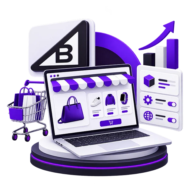 Illustration of a BigCommerce storefront: a laptop on a plinth showing a product grid of a handbag, trainers, a hoodie and a watch, beside the BigCommerce mark, a settings panel of catalogue, configuration and international toggles, a growth chart and a trolley of shopping bags.