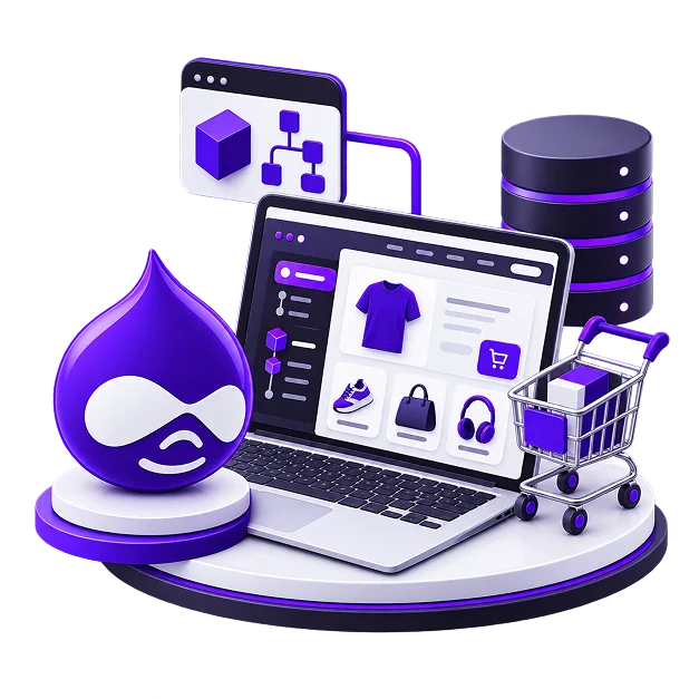 Illustration of a Drupal Commerce build: a laptop on a plinth showing a product page with a filter sidebar, beside the Drupal droplet mark, a content-model diagram window, a database stack and a trolley.