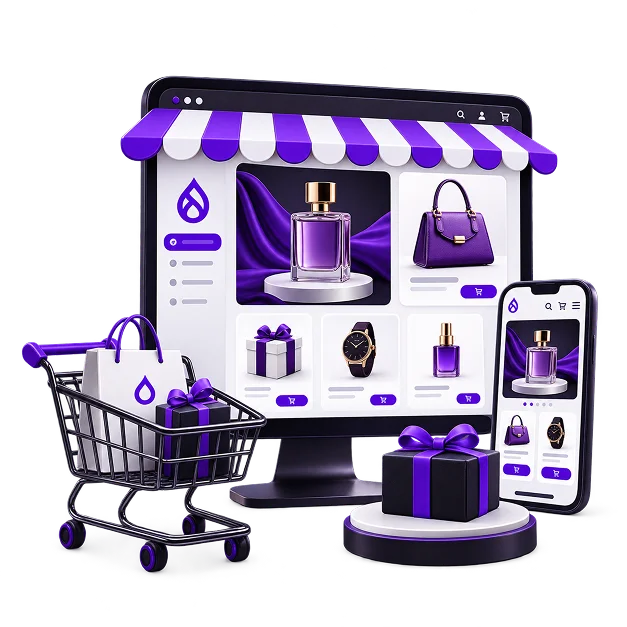 Illustration of a Drupal Commerce storefront: a desktop screen under a striped awning showing a perfume hero and a product grid with the Drupal droplet in the corner, a phone showing the same store, and a trolley holding a branded bag and a gift box.