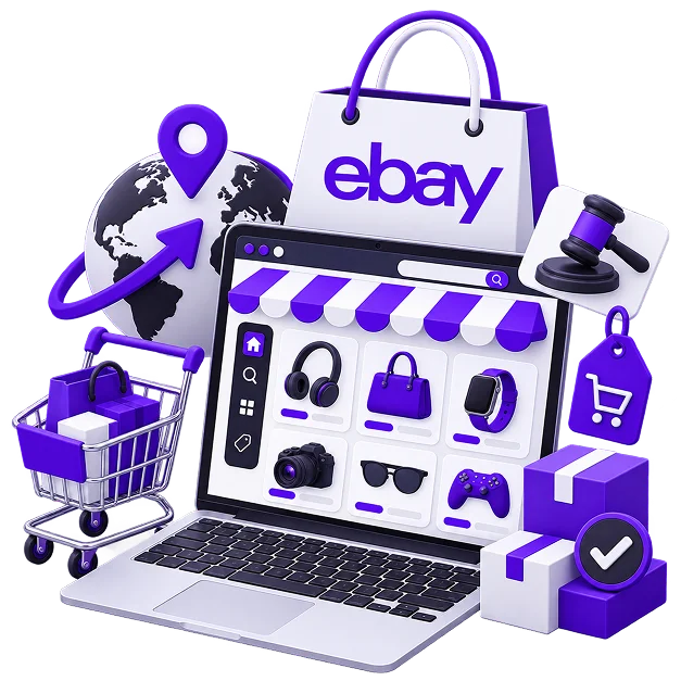 Illustration of an eBay build: a laptop showing a listing grid of headphones, a handbag, a watch, a camera, sunglasses and a game controller under a striped awning, an eBay shopping bag above it, a globe with a location pin, an auction gavel, a price tag, a trolley and parcels.
