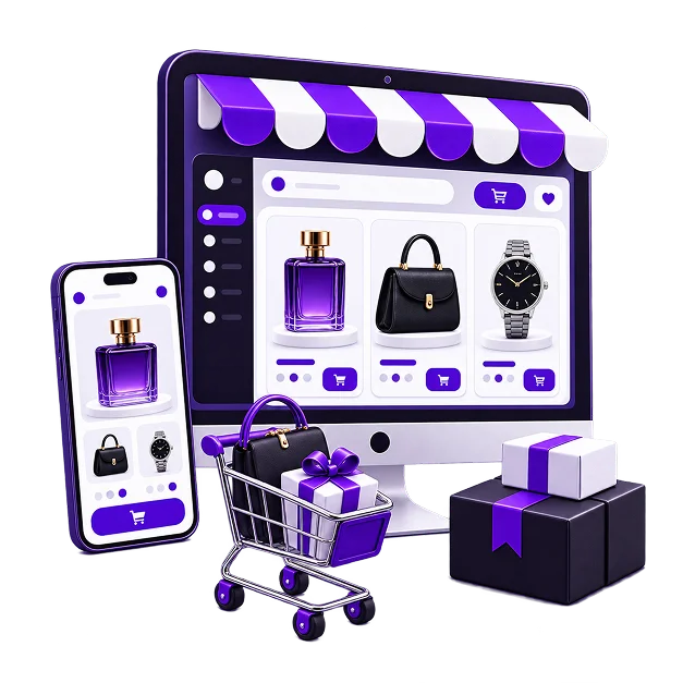 Illustration of a listing set: a desktop screen under a striped awning showing three listings — a perfume, a handbag and a watch — a phone showing the same listings, a trolley holding a bag and a gift box, and stacked parcels.