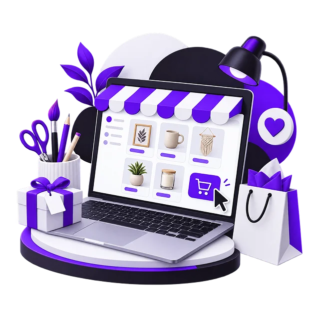 Illustration of a handmade shop: a laptop on a plinth showing a grid of a framed print, a mug, a macrame hanging, a potted plant and a candle under a striped awning, beside scissors, brushes and pencils in a pot, a wrapped gift and a shopping bag.