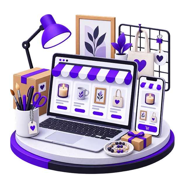 Illustration of a maker's desk: a laptop showing a shop grid of a candle, a mug, a framed print and a tote, a phone with the same listings, a framed botanical print, a tote bag on a rail, a lamp, brushes and scissors, a parcel, a gift box and a beaded bracelet.