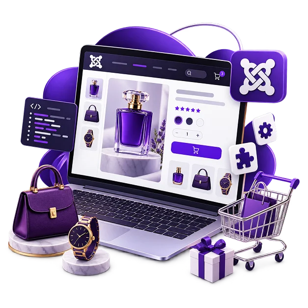 Illustration of a Joomla store: a laptop showing a perfume product page with a gallery, rating, quantity and add-to-cart button, beside the Joomla mark, a code window, a settings panel, an extension puzzle piece, a handbag, a watch, a gift box and a trolley.
