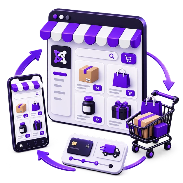 Illustration of a Joomla store in operation: a browser storefront under a striped awning carrying the Joomla mark and a product grid, a phone showing the same store, a payment and delivery panel, a trolley of parcels, and arrows circling between them.