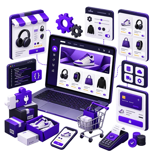 Illustration of a Magento build: a laptop showing a product grid with a sidebar menu, linked to a product page, a category list, a code window, a settings and shipping panel, a phone product page, a payment card, a card terminal, a trolley and packed parcels.