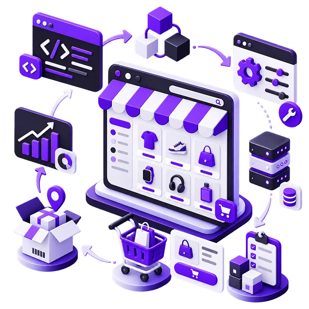 Illustration of a store architecture: a browser storefront with a category sidebar and product grid under a striped awning, linked by arrows to a code window, a node diagram, a settings panel, a server stack, a checklist, an analytics chart, a trolley and a packed box.