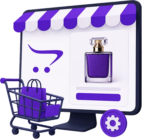 Illustration of an OpenCart storefront: a desktop screen under a striped awning showing the OpenCart mark and a perfume product page with an add-to-cart button, beside a trolley holding a shopping bag and a settings gear.
