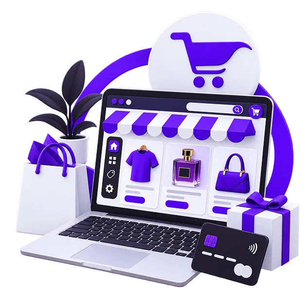 Illustration of an OpenCart store: a laptop showing a product grid of a t-shirt, a perfume and a handbag under a striped awning with a category sidebar, a cart badge above it, a shopping bag, a plant, a contactless payment card and a gift box.